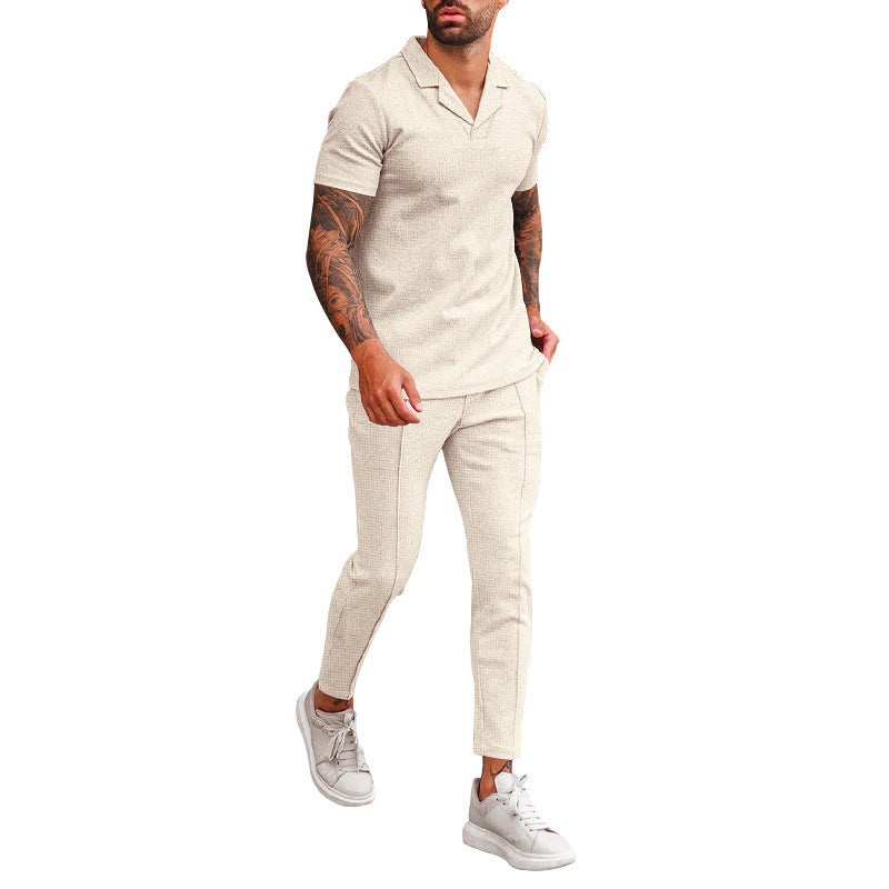 V Neck Casual Lapel Shirt Men's Short Sleeve Pants Suit