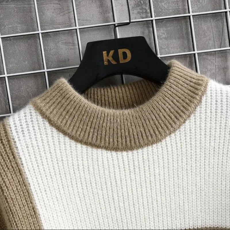 Patchwork Color Knitted Plaid Round Neck Sweater