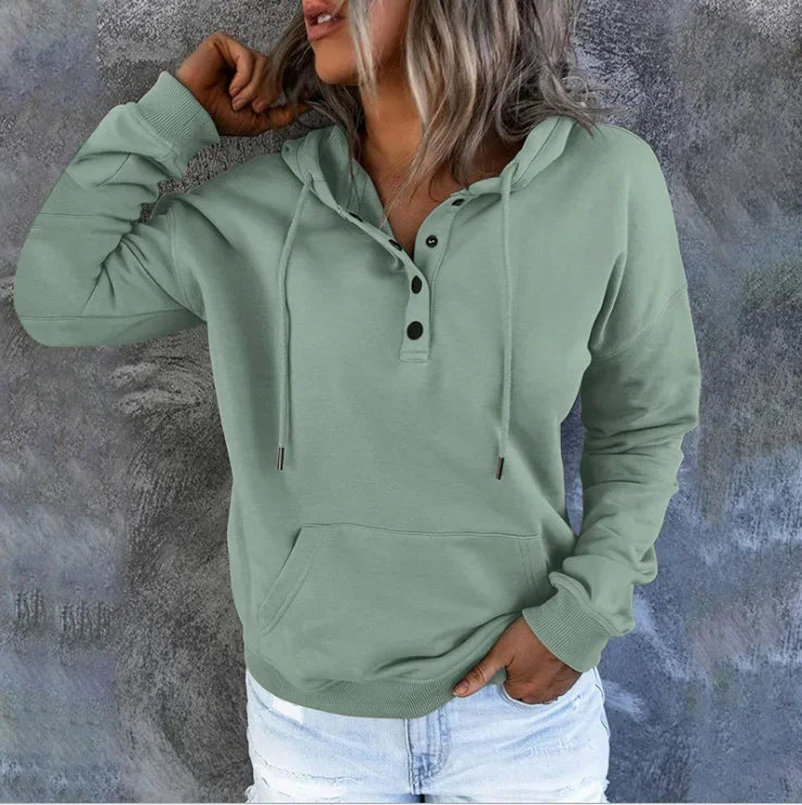 Long Sleeve Loose V-collar Button Hoodie