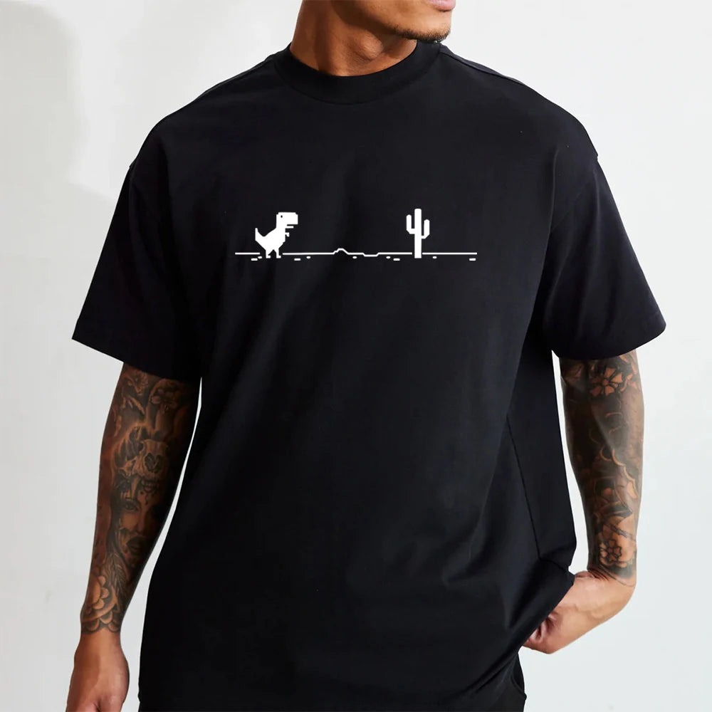 Men's Funny Dinosaur T-Shirt: Loose Fit, Short Sleeves, Casual Unisex Y2K Streetwear with Pixel Cactus Design