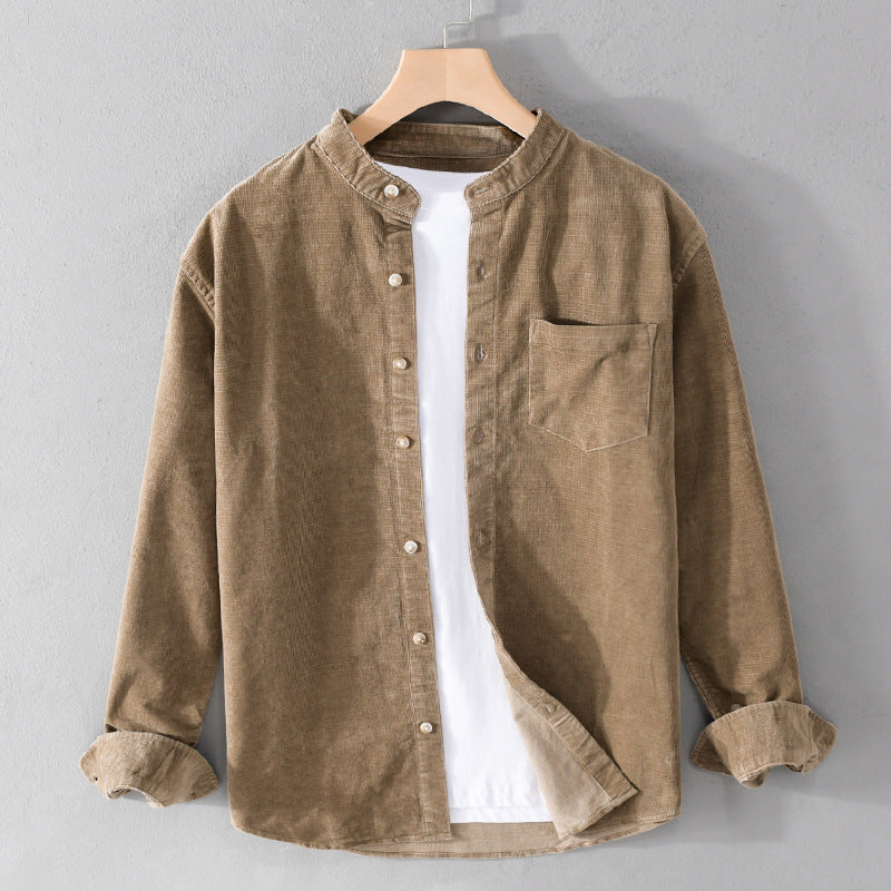 Men's Casual Stand Collar Retro Corduroy Long-sleeved Shirt
