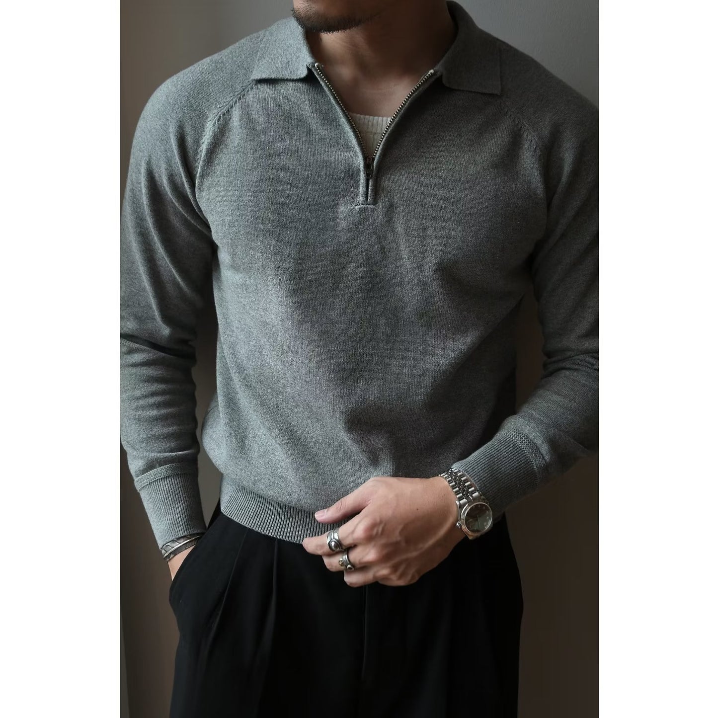 Men's Lightly Mature Half Zipper Knitted Polo Shirt