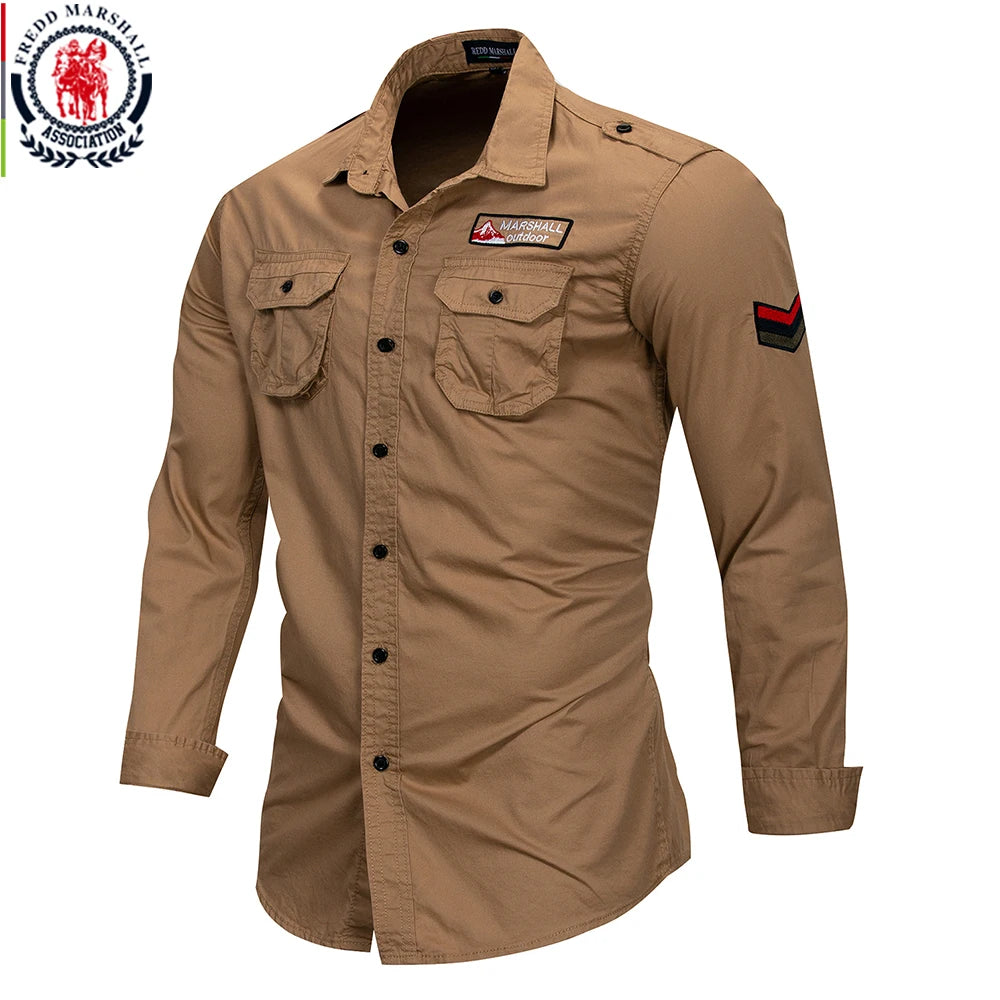 Fredd Marshall 100% Cotton Military style Long Sleeve Casual Cargo Shirts With Embroidery