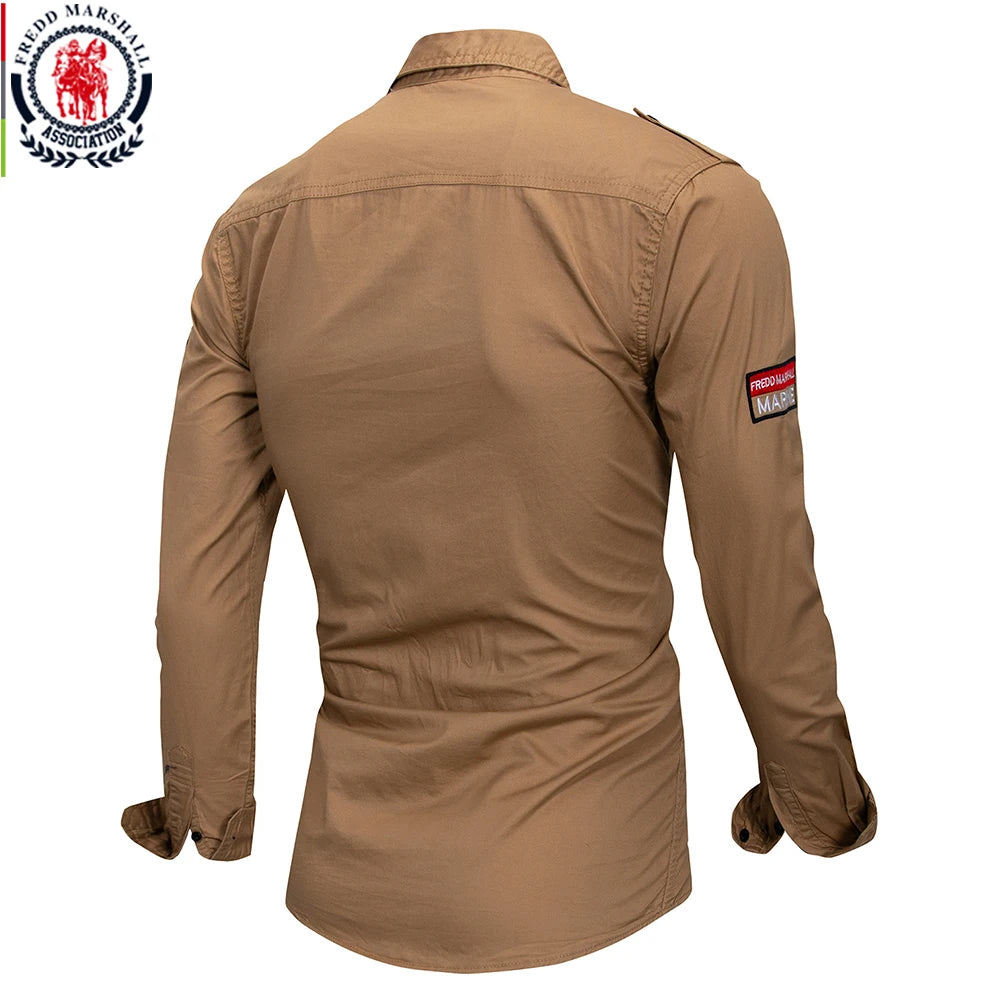 Fredd Marshall 100% Cotton Military style Long Sleeve Casual Cargo Shirts With Embroidery