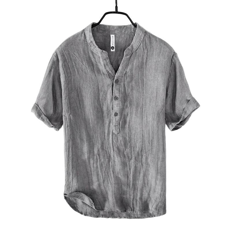 Linen stand collar Thin Breathable V-neck T-shirt