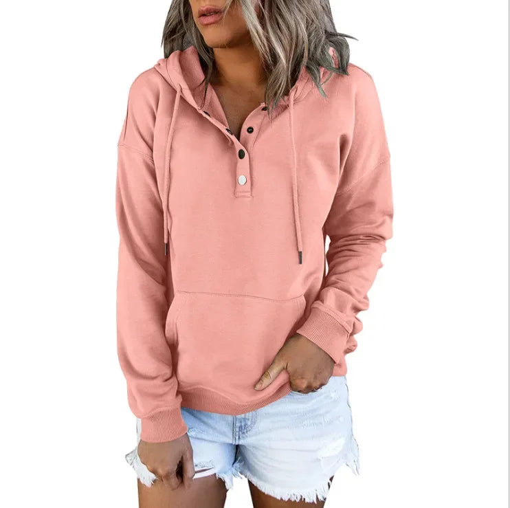 Long Sleeve Loose V-collar Button Hoodie