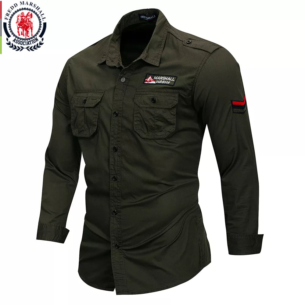 Fredd Marshall 100% Cotton Military style Long Sleeve Casual Cargo Shirts With Embroidery