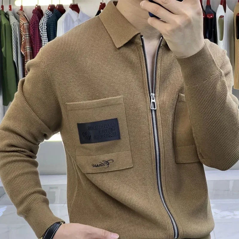 Refined Style: Men's Office-Ready Knit Coat with Zipper Pockets