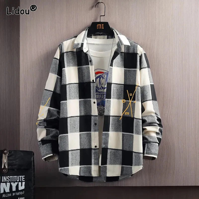 Lapel Loose, Plaid, Button, Long sleeved Shirt