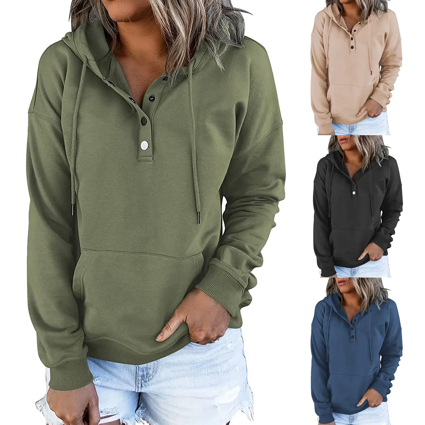 Long Sleeve Loose V-collar Button Hoodie