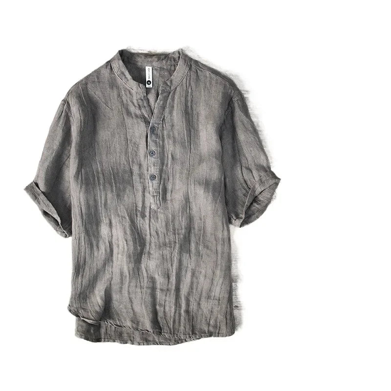 Linen stand collar Thin Breathable V-neck T-shirt