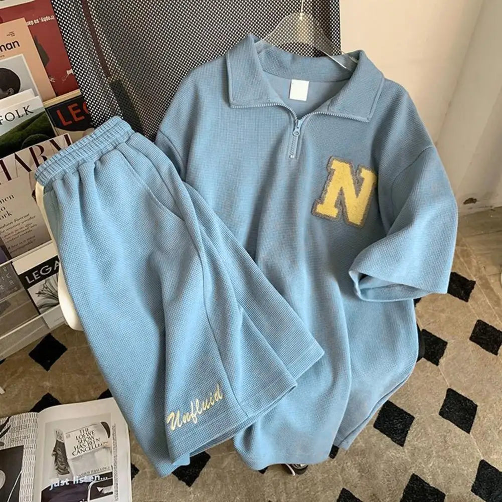 Unisex Summer Loose Short Sleeve T-shirt Shorts Jogger Outfit Two-piece Set Letter Print Casual Tracksuit