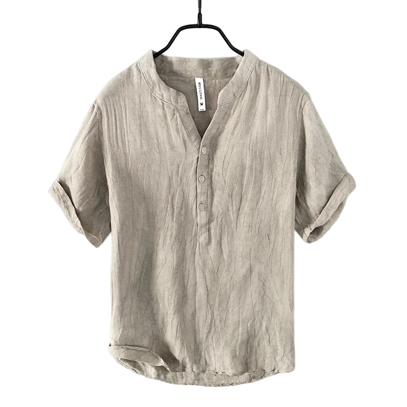 Linen stand collar Thin Breathable V-neck T-shirt