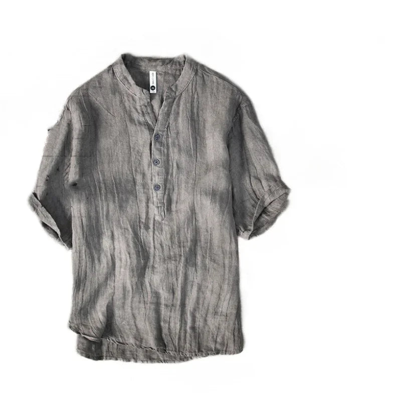 Linen stand collar Thin Breathable V-neck T-shirt
