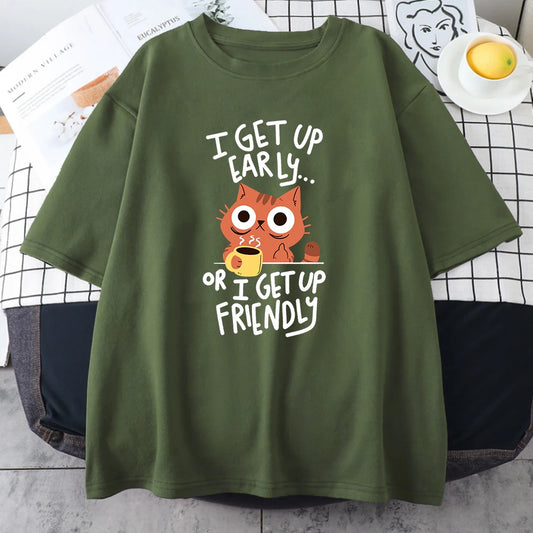Urban Feline Vibes: Oversized Cotton Tee with Coffee Cat Print