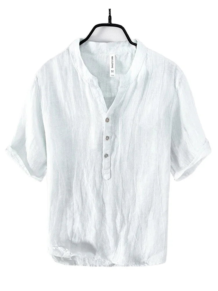 Linen stand collar Thin Breathable V-neck T-shirt