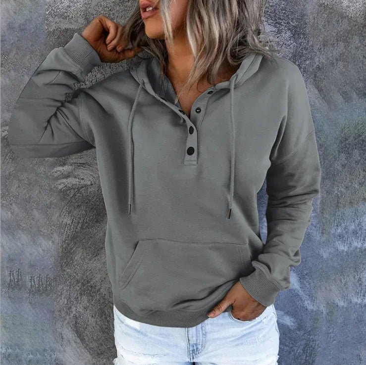 Long Sleeve Loose V-collar Button Hoodie