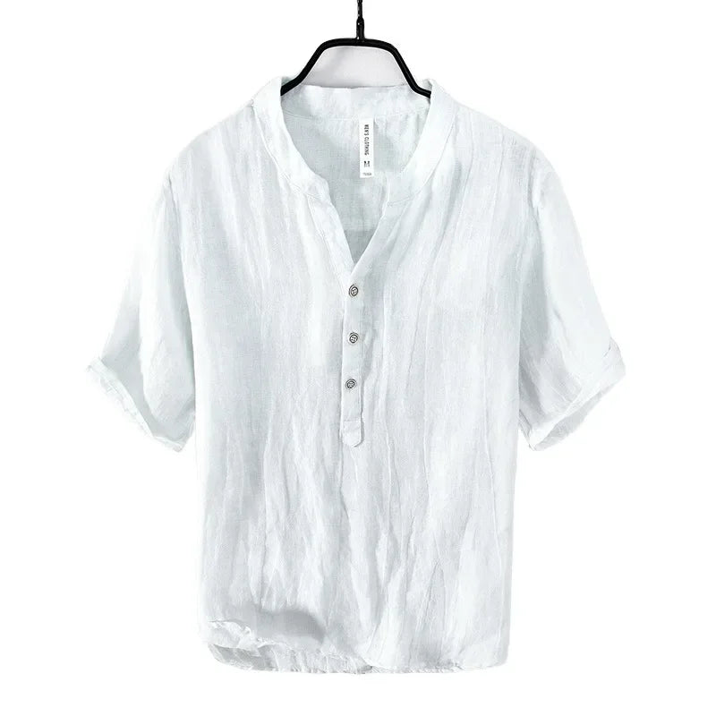 Linen stand collar Thin Breathable V-neck T-shirt