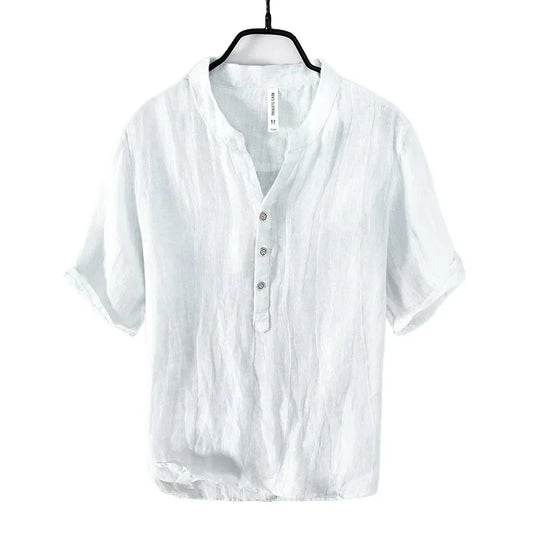 Linen stand collar Thin Breathable V-neck T-shirt