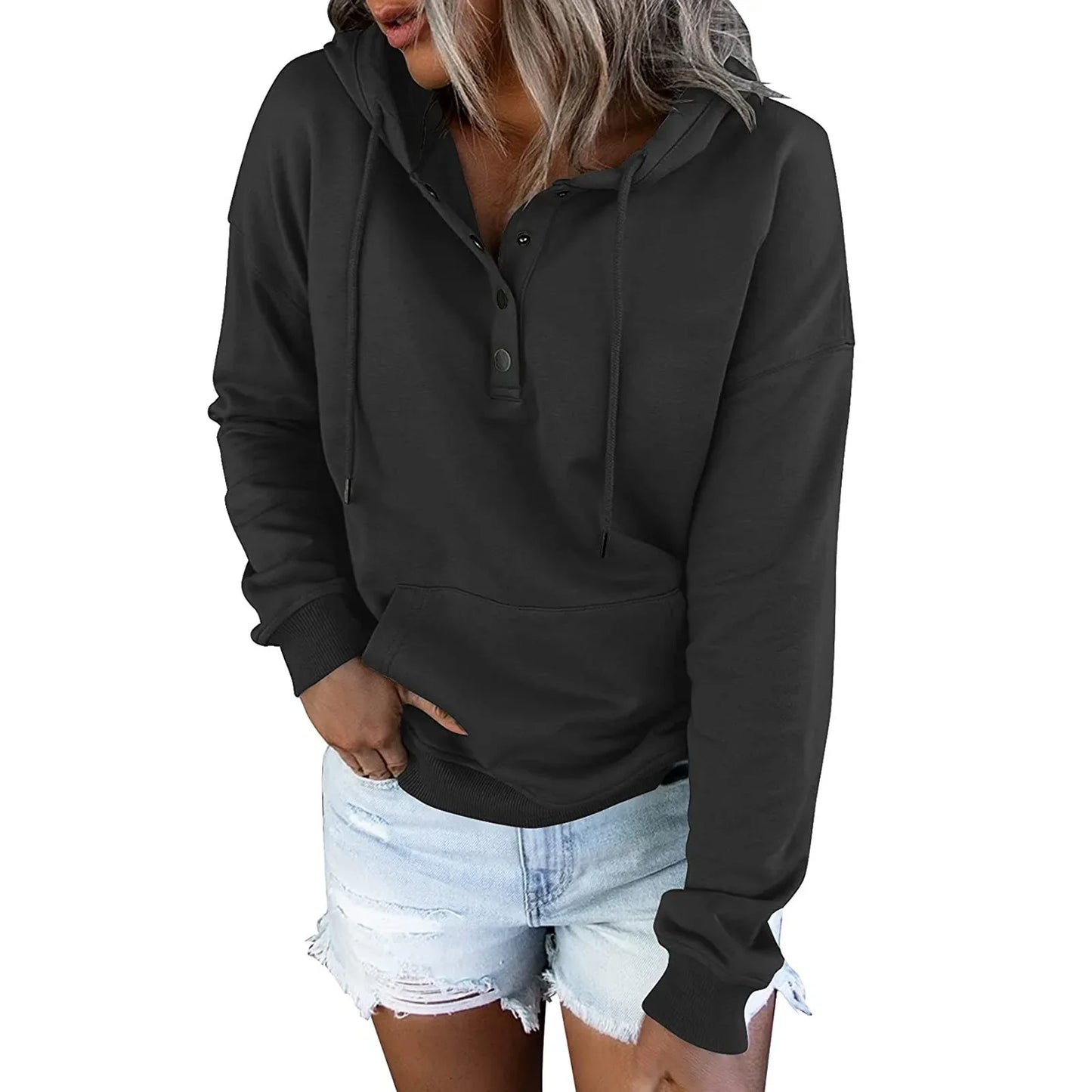 Long Sleeve Loose V-collar Button Hoodie