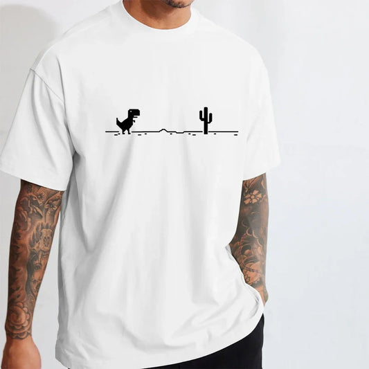 Men's Funny Dinosaur T-Shirt: Loose Fit, Short Sleeves, Casual Unisex Y2K Streetwear with Pixel Cactus Design